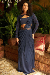 Midnight blue satin and georgette embroidered drape saree set
